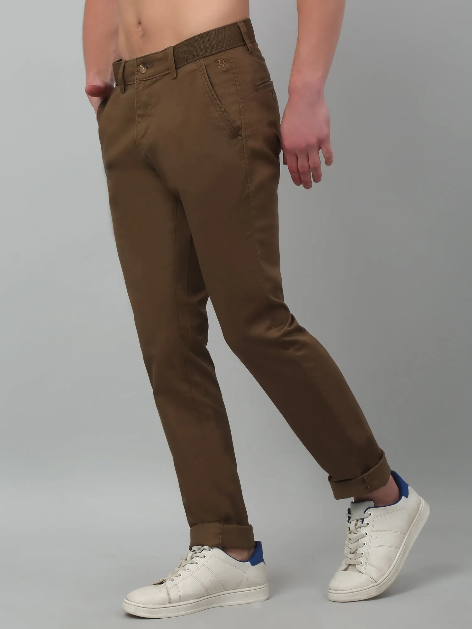 Cantabil Brown Non Pleated Self Design  Stretchable Casual Trouser For Men