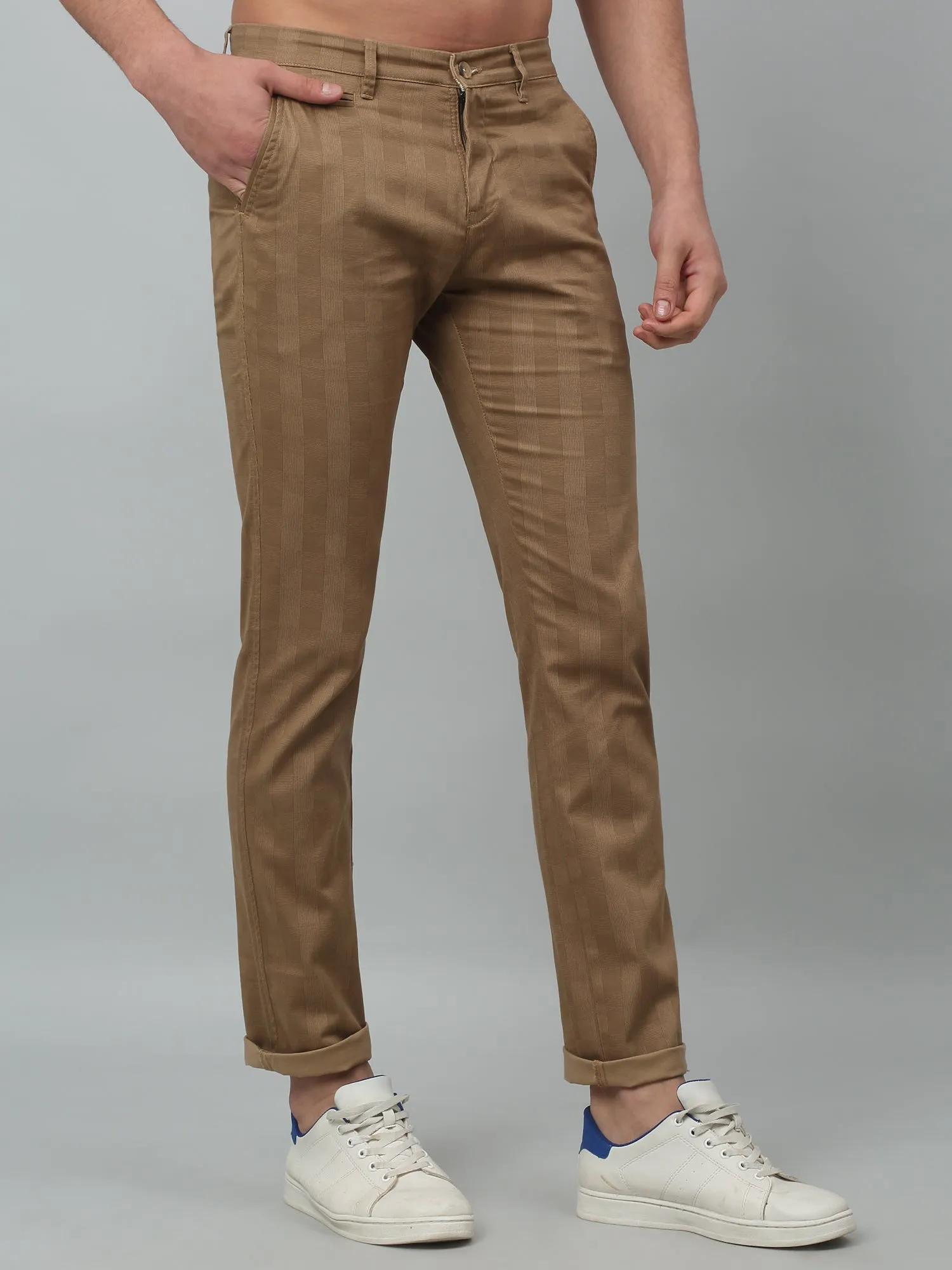 Cantabil Checkered Non Pleated Regular Fit Mid Rise Khaki Casual Trousers for Men