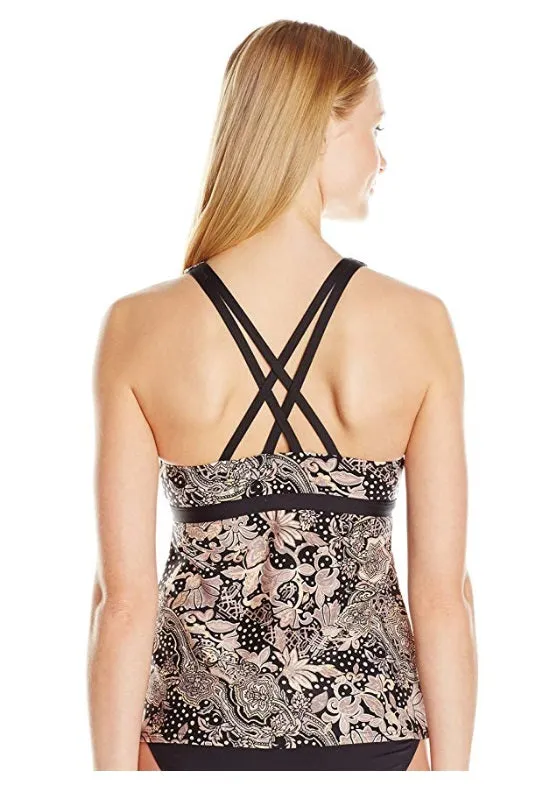 Carmen Marc Valvo Womens Elegant Black Floral-Print V-Neck Strappy Tankini Top, Size XS