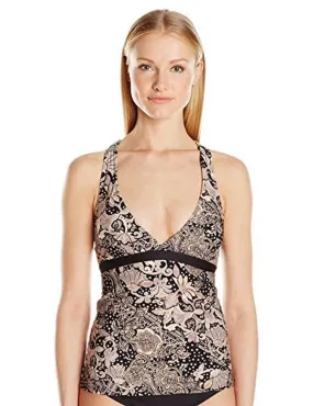 Carmen Marc Valvo Womens Elegant Black Floral-Print V-Neck Strappy Tankini Top, Size XS