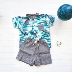 Cedar Top & Shorts in Bluegreen Sailboat and Gray Linen