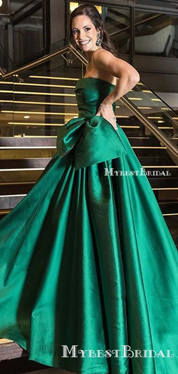 Charming Strapless Green Satin A-line Long Cheap Fromal Party Evening Dresses, Prom Dresses, PDS0061