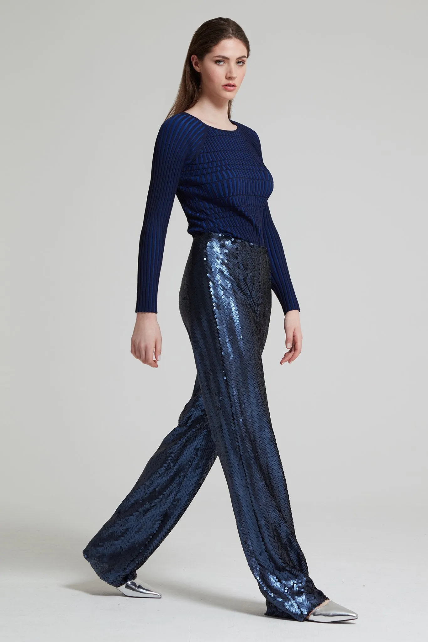 Chevron Sequin Wide-Leg Trouser