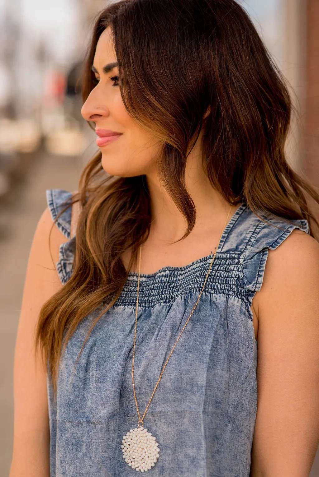 Cinched Ruffle Trim Denim Tank