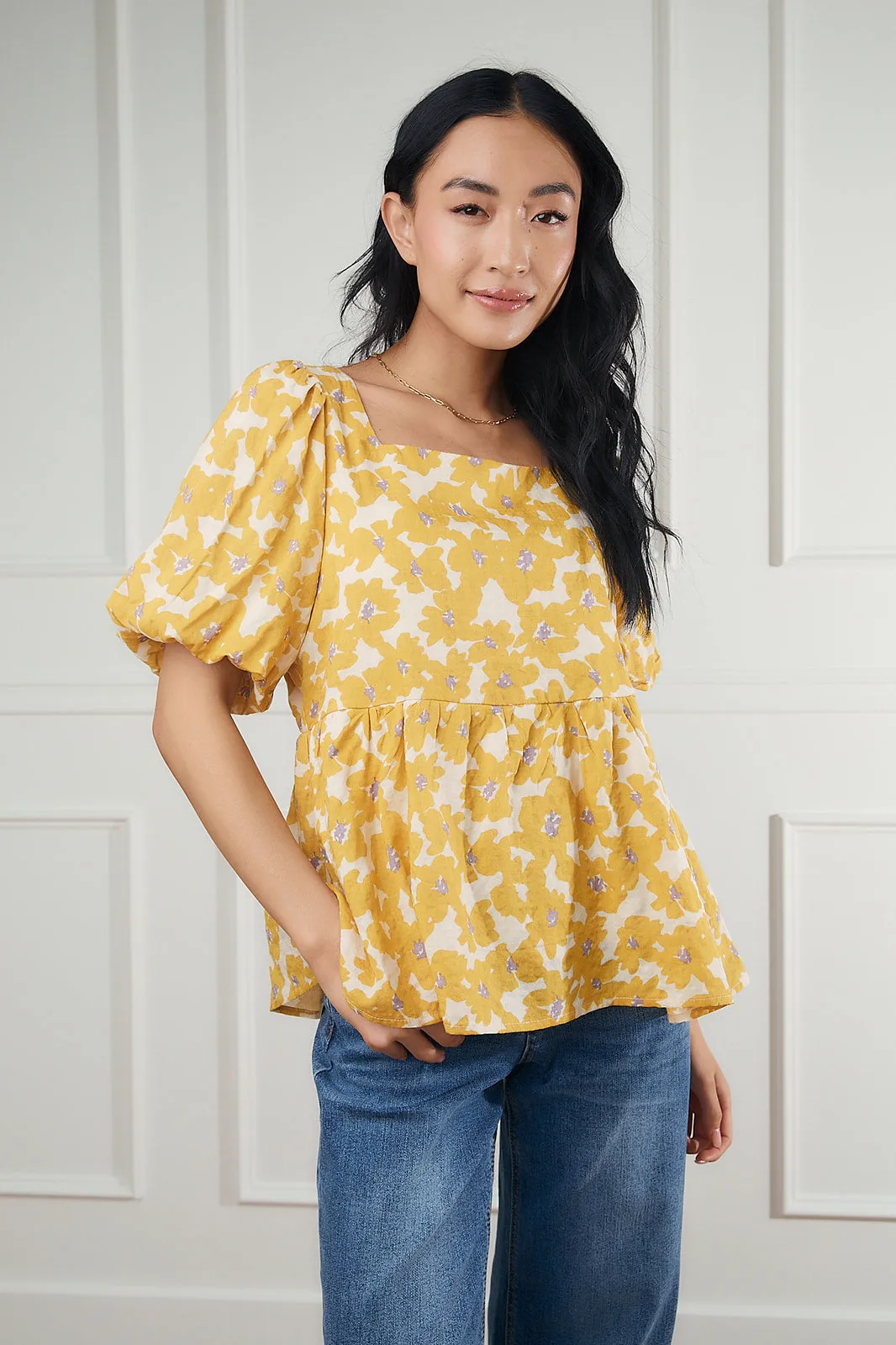 Clara Yellow Floral Bubble Sleeve Top