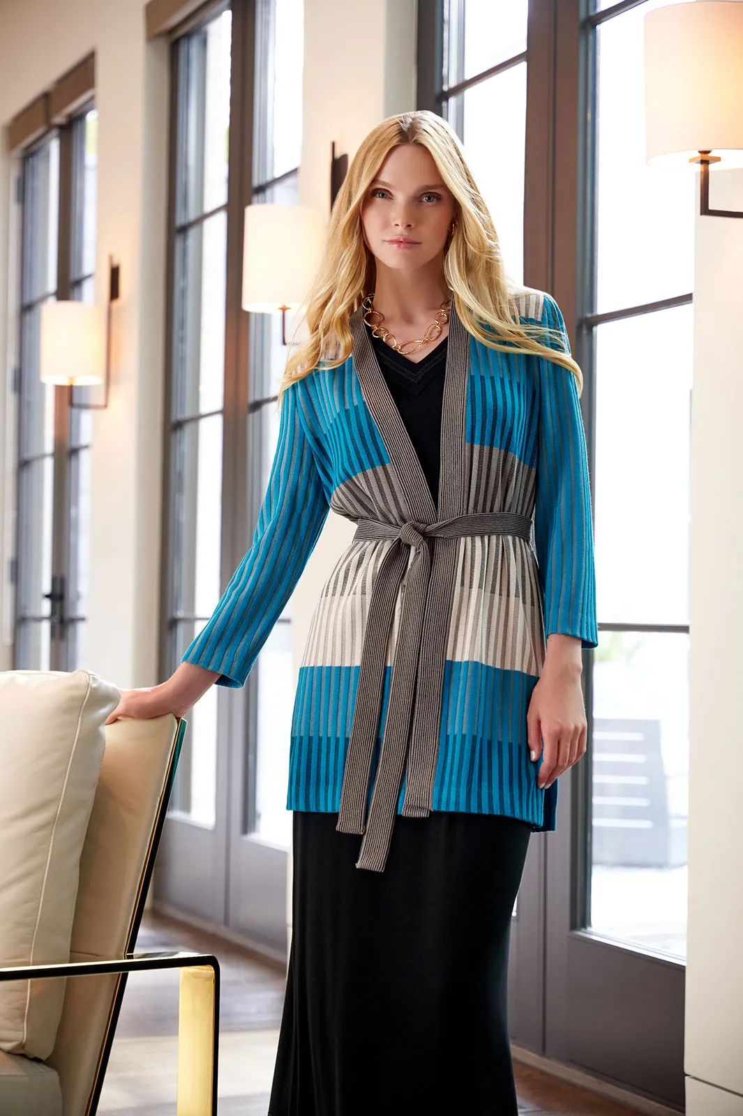 Colorblock Stripe Belted Soft Knit Jacket