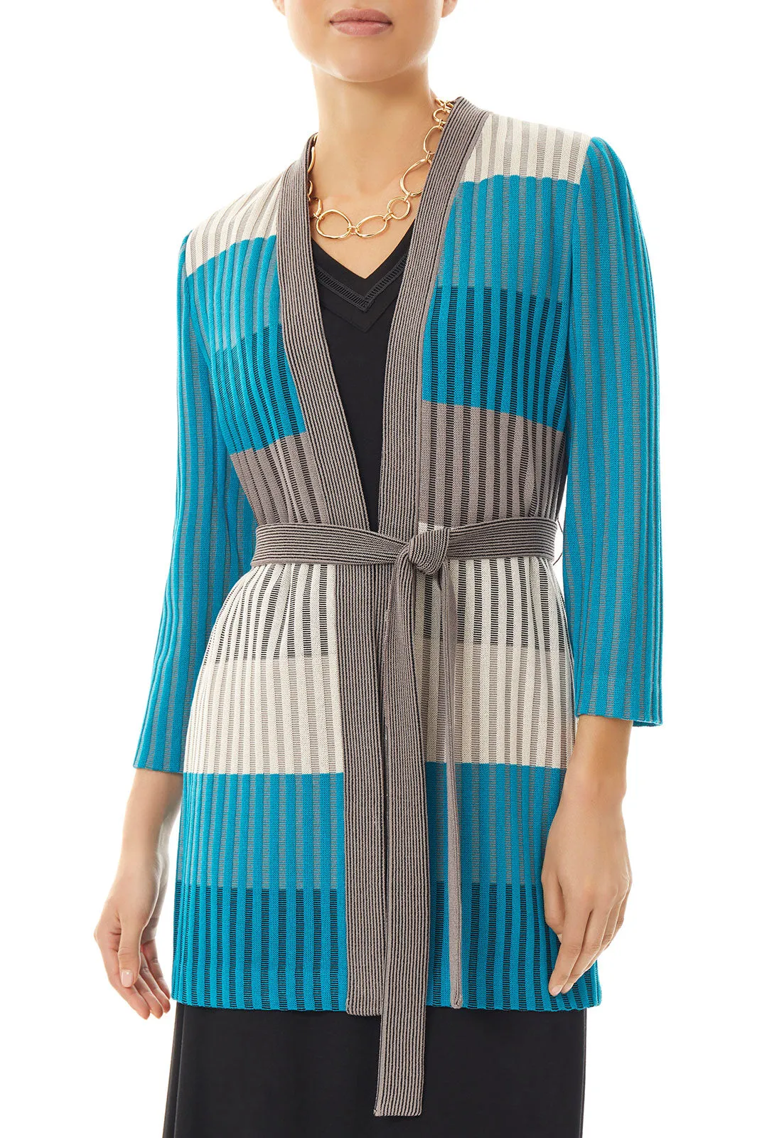 Colorblock Stripe Belted Soft Knit Jacket