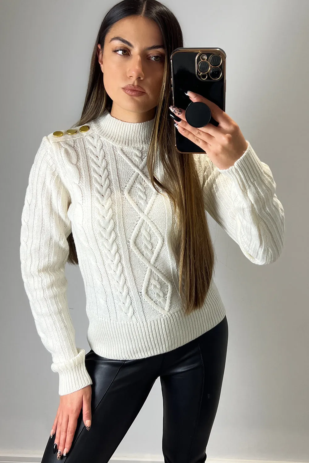 Coriana Cream Button Detail Cable Knit Jumper