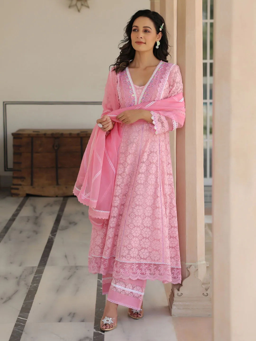 Cotton Blend Anarkali Embroidered Suit Set With Lace