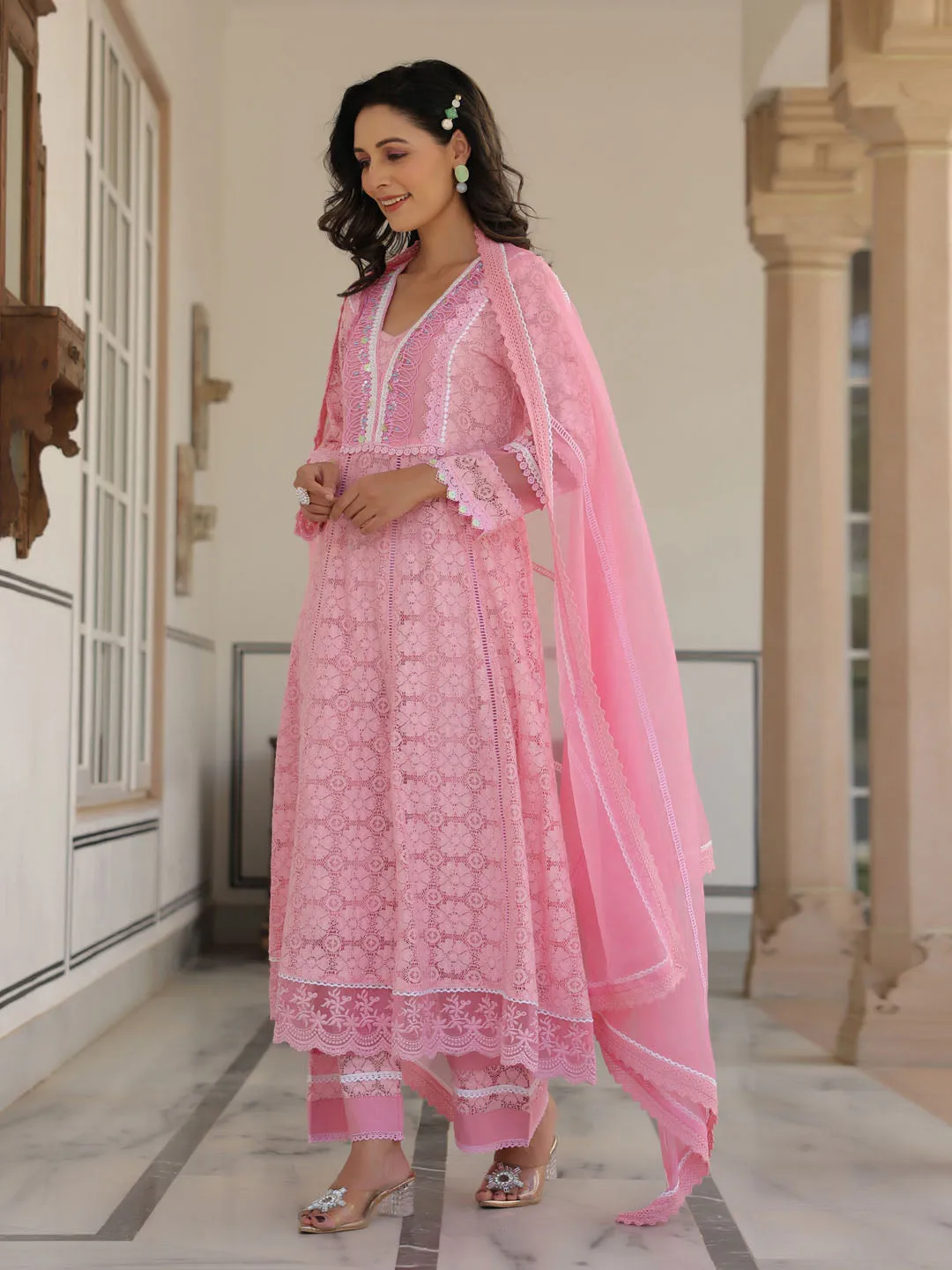 Cotton Blend Anarkali Embroidered Suit Set With Lace