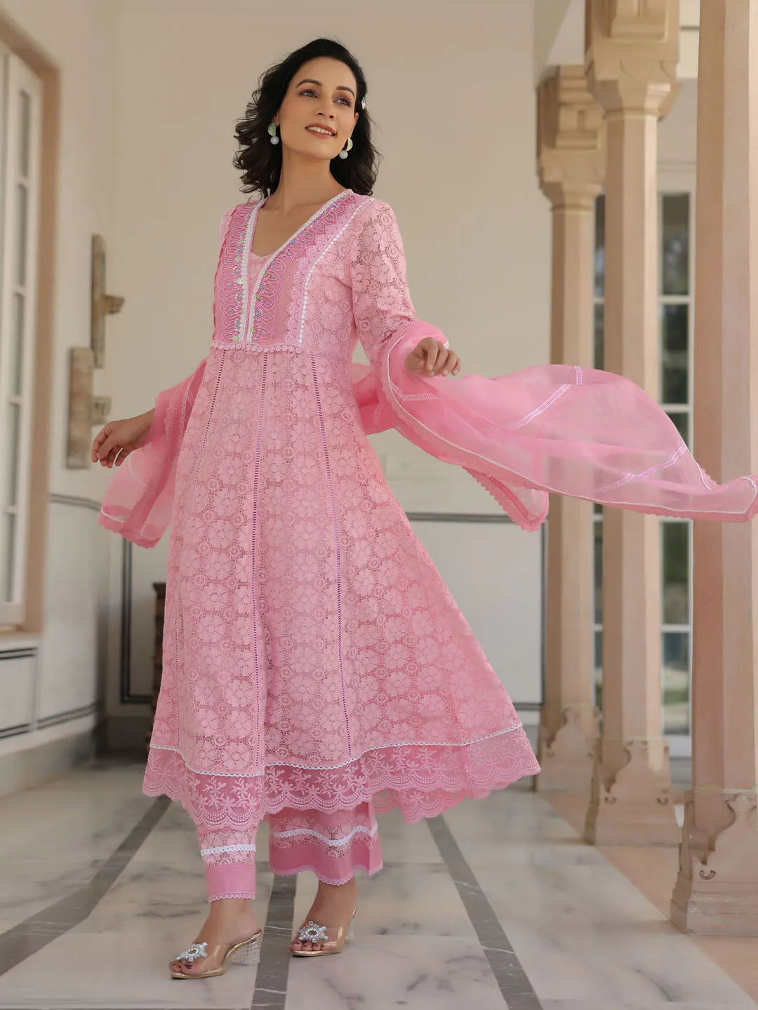 Cotton Blend Anarkali Embroidered Suit Set With Lace