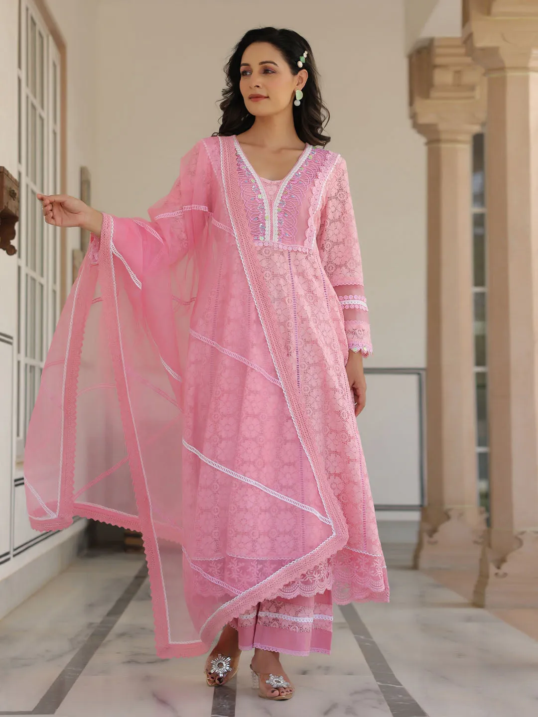 Cotton Blend Anarkali Embroidered Suit Set With Lace