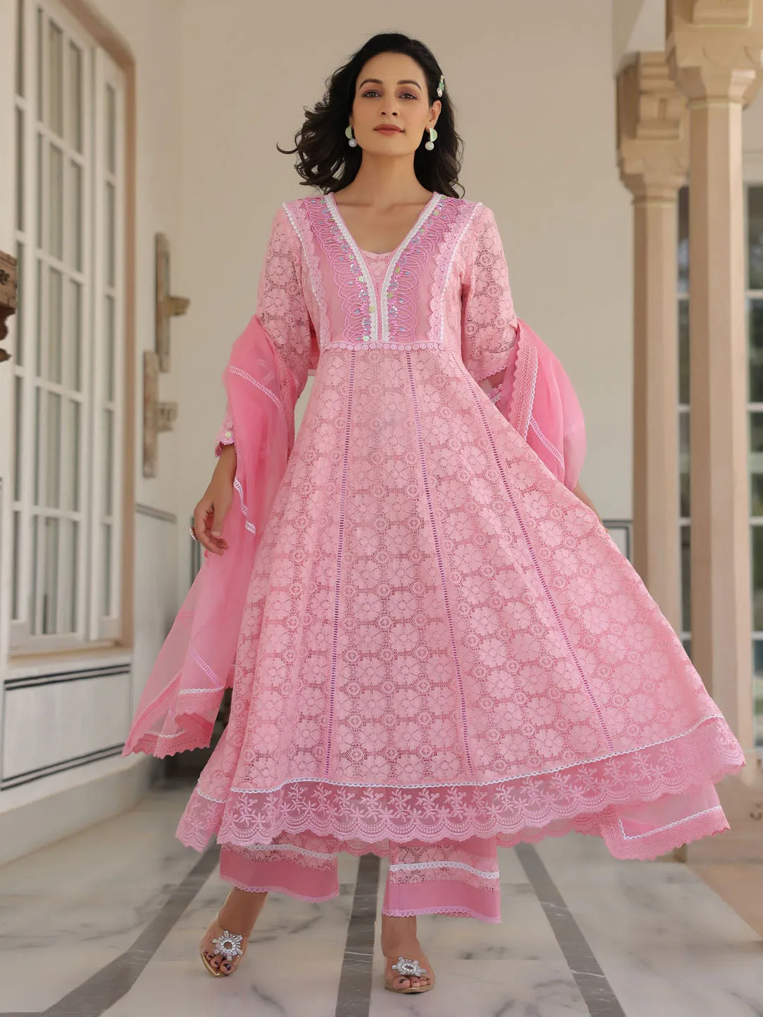 Cotton Blend Anarkali Embroidered Suit Set With Lace