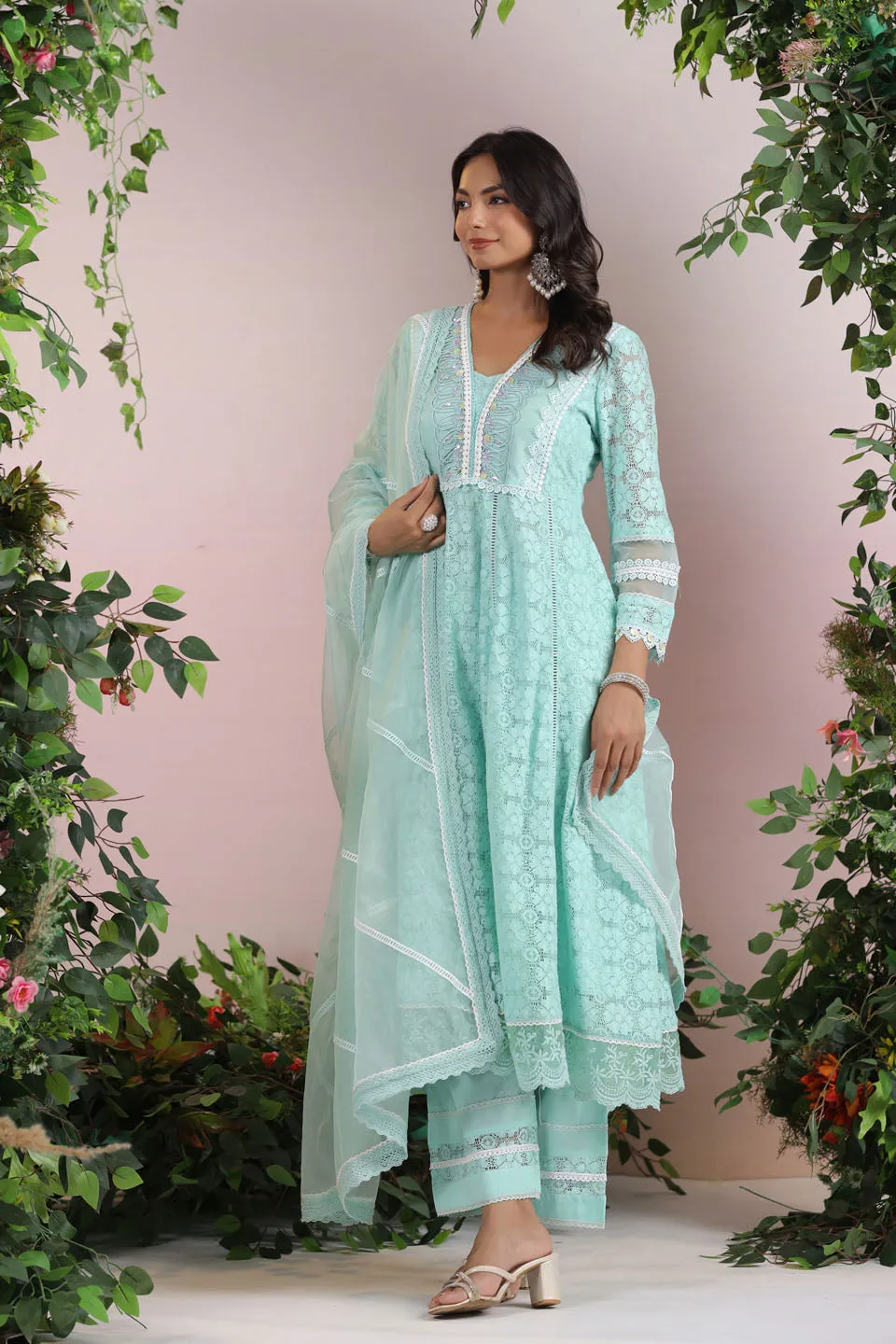 Cotton Blend Anarkali Embroidered Suit Set With Lace