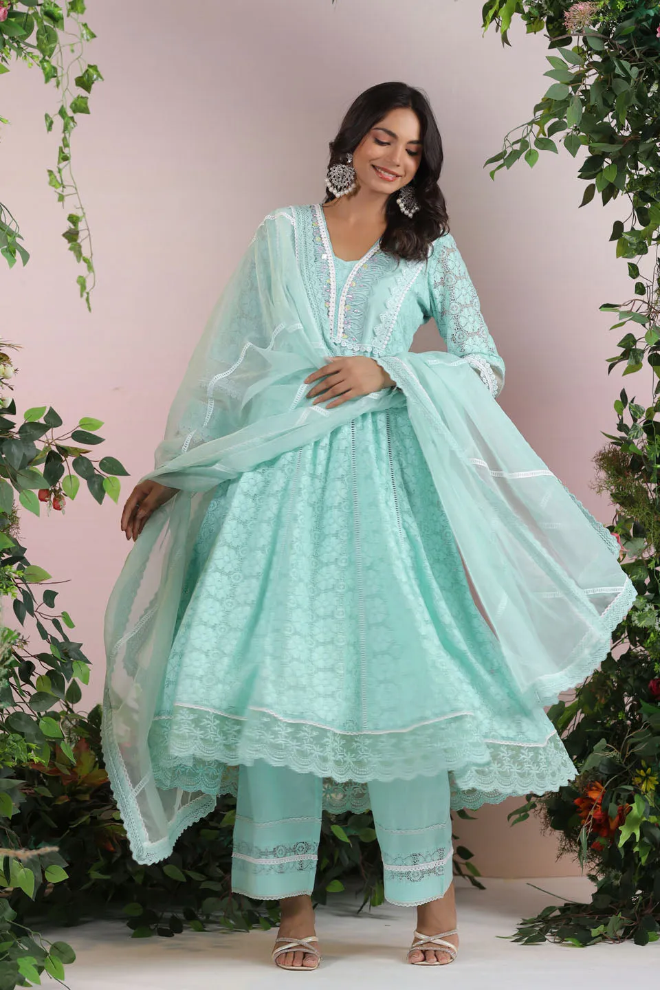 Cotton Blend Anarkali Embroidered Suit Set With Lace