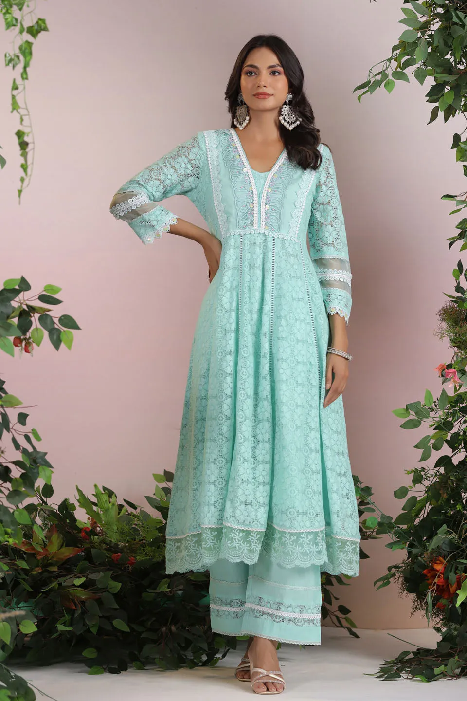 Cotton Blend Anarkali Embroidered Suit Set With Lace