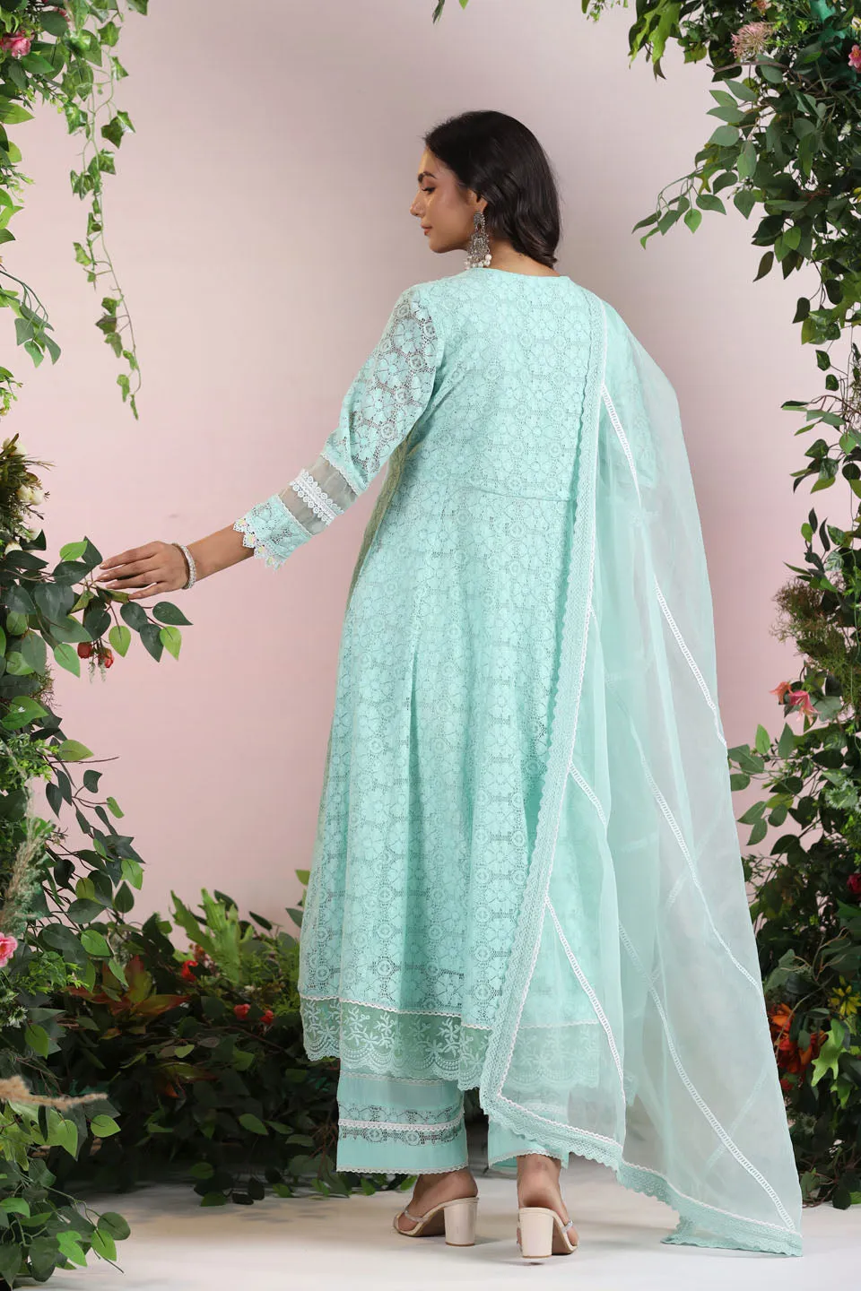 Cotton Blend Anarkali Embroidered Suit Set With Lace