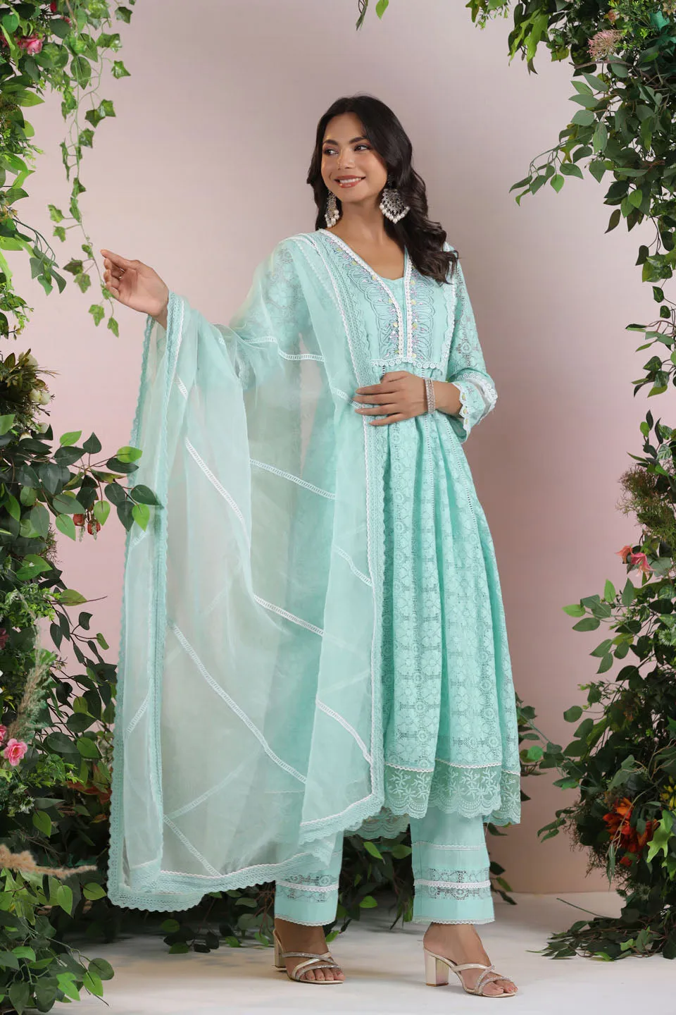 Cotton Blend Anarkali Embroidered Suit Set With Lace