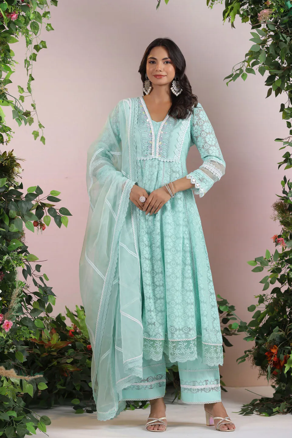 Cotton Blend Anarkali Embroidered Suit Set With Lace