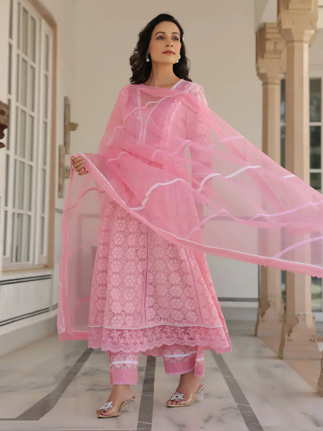 Cotton Blend Anarkali Embroidered Suit Set With Lace