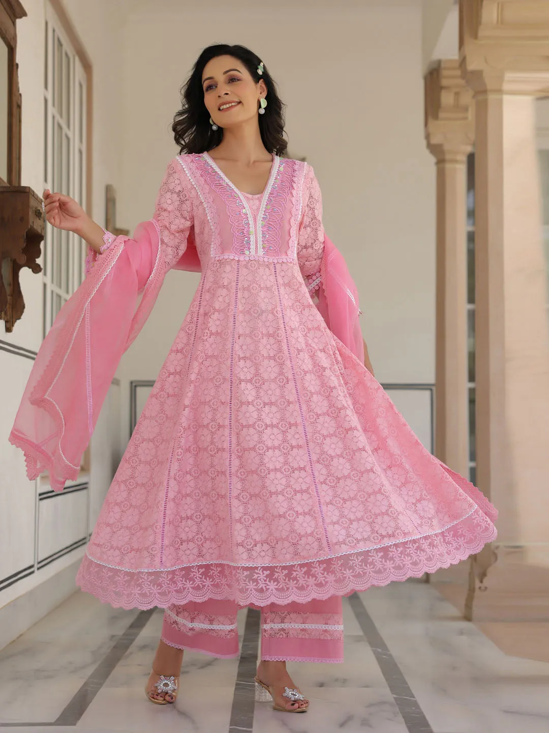 Cotton Blend Anarkali Embroidered Suit Set With Lace