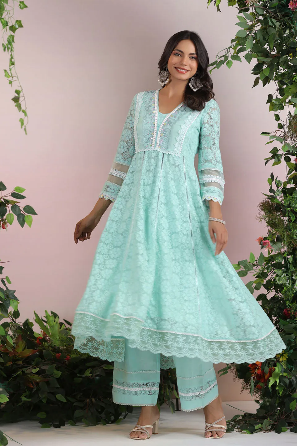 Cotton Blend Anarkali Embroidered Suit Set With Lace