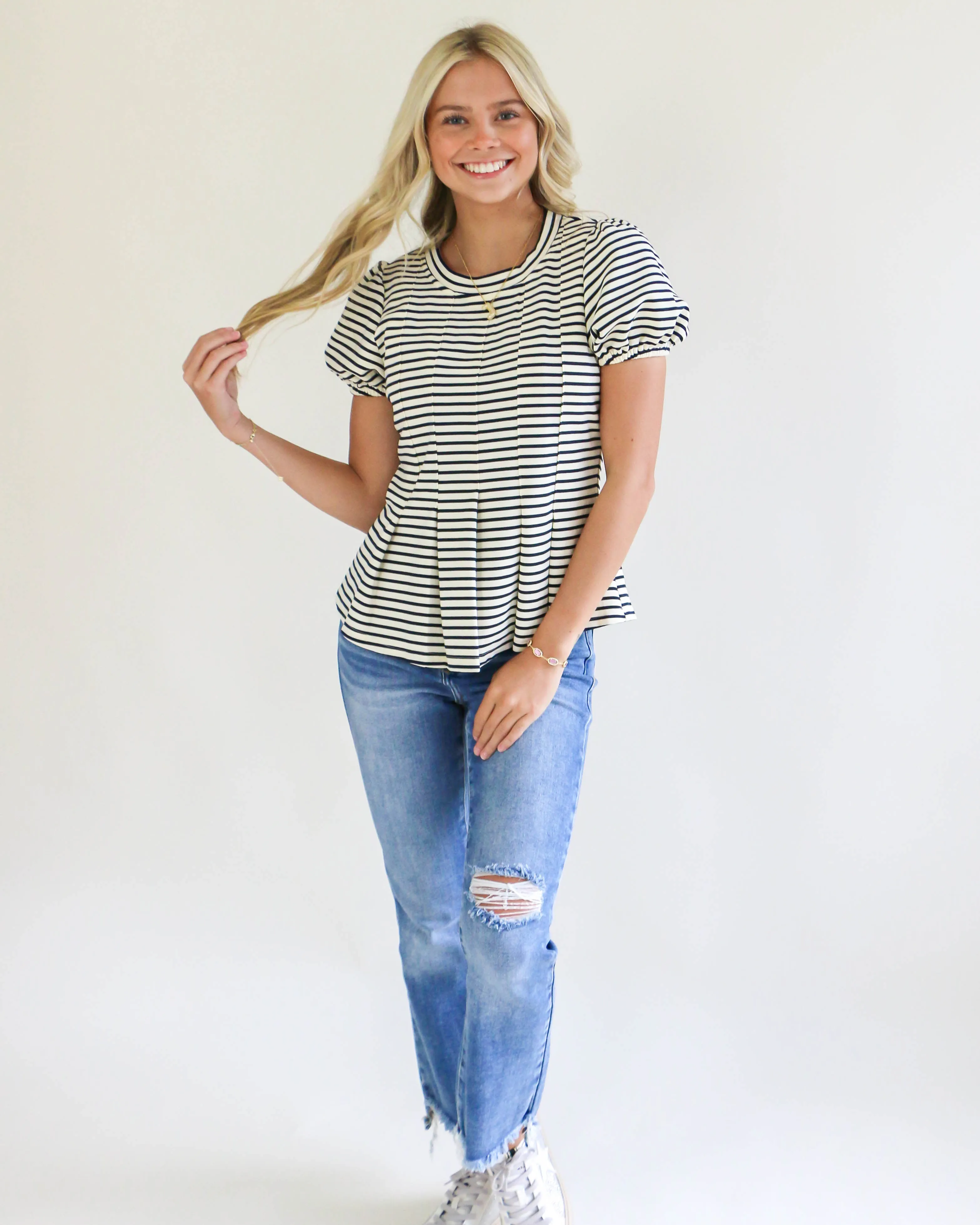 Cream Stripe Puff Sleeve Top