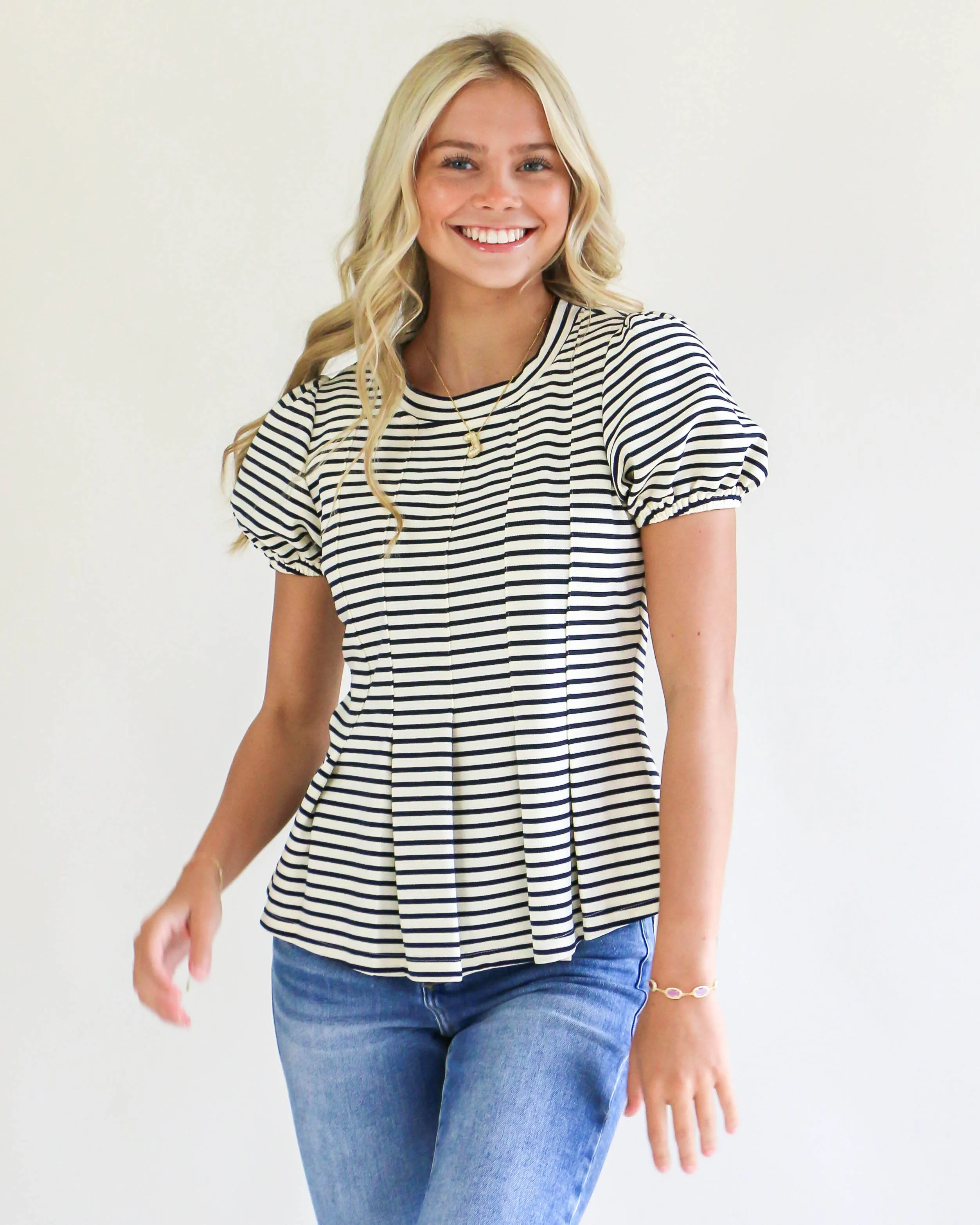 Cream Stripe Puff Sleeve Top