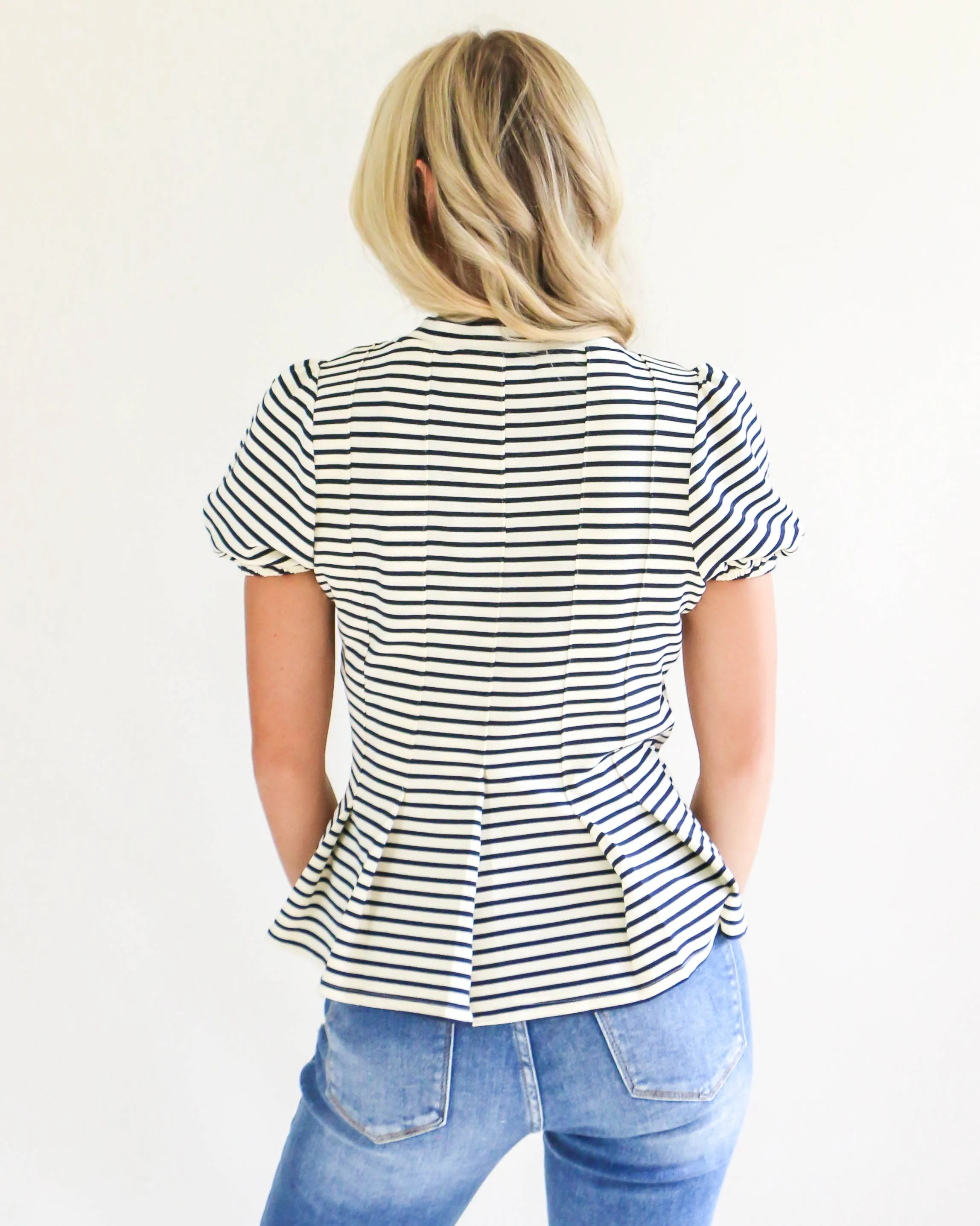 Cream Stripe Puff Sleeve Top