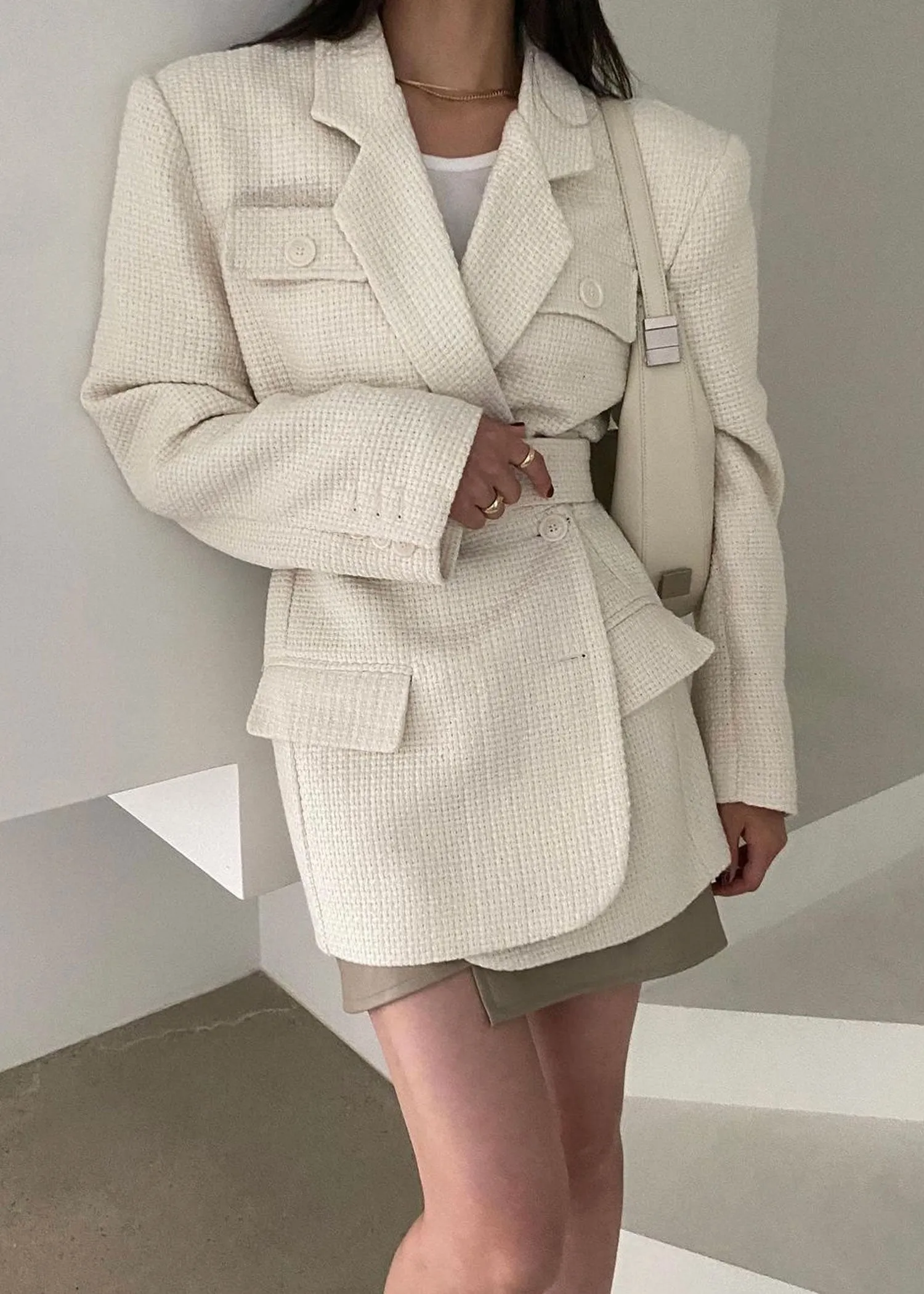 Cream Tweed Belted Blazer