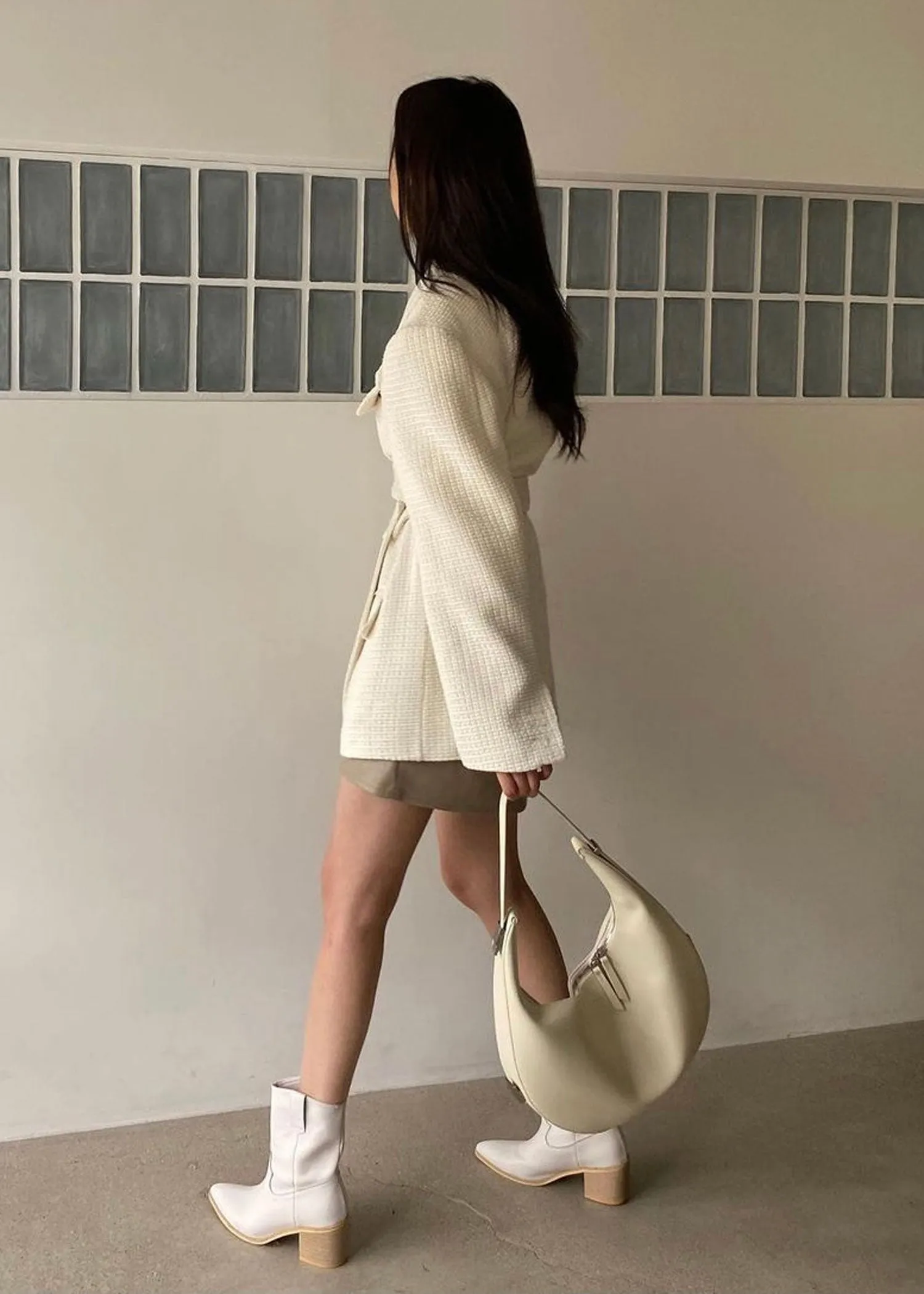 Cream Tweed Belted Blazer