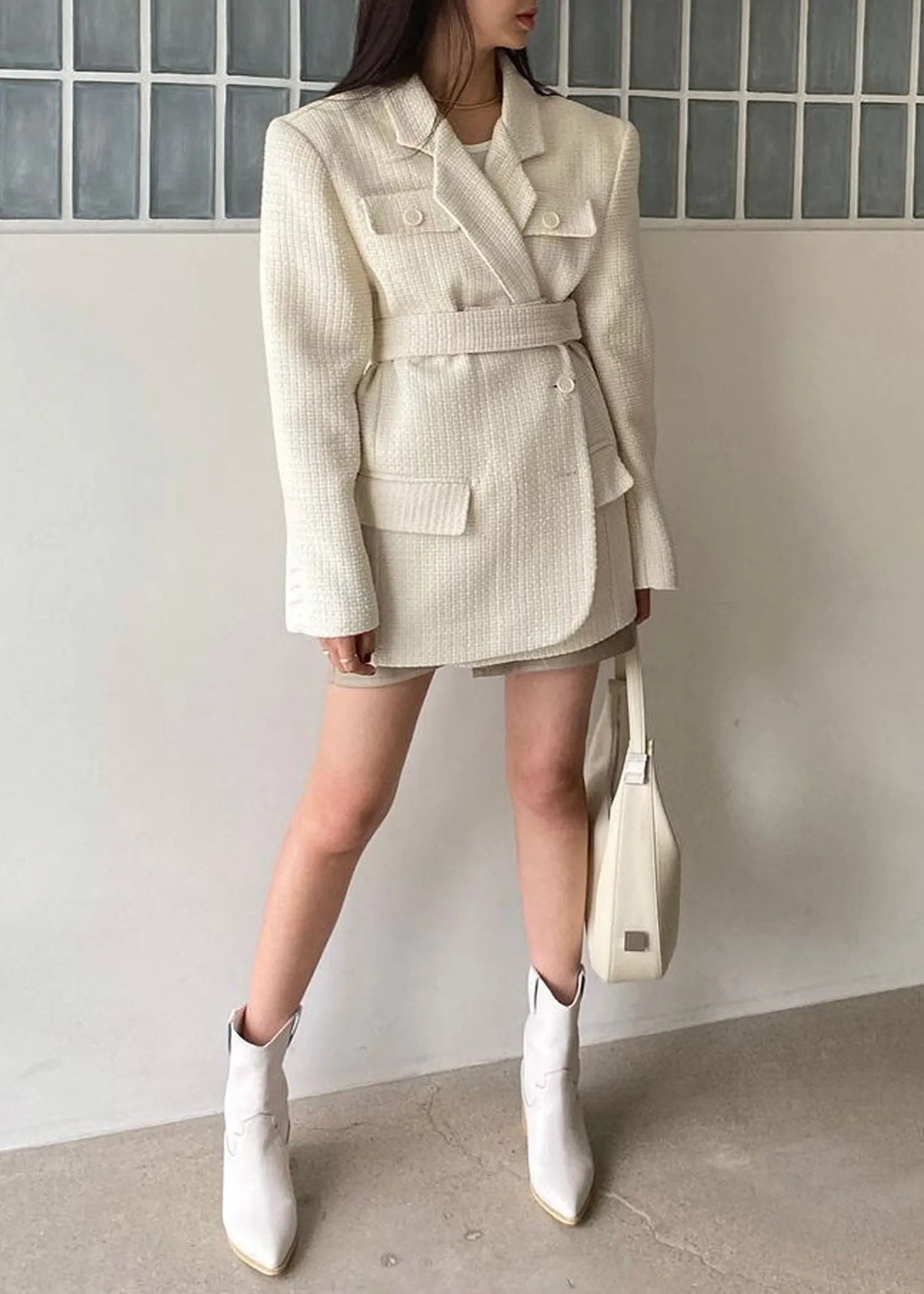 Cream Tweed Belted Blazer