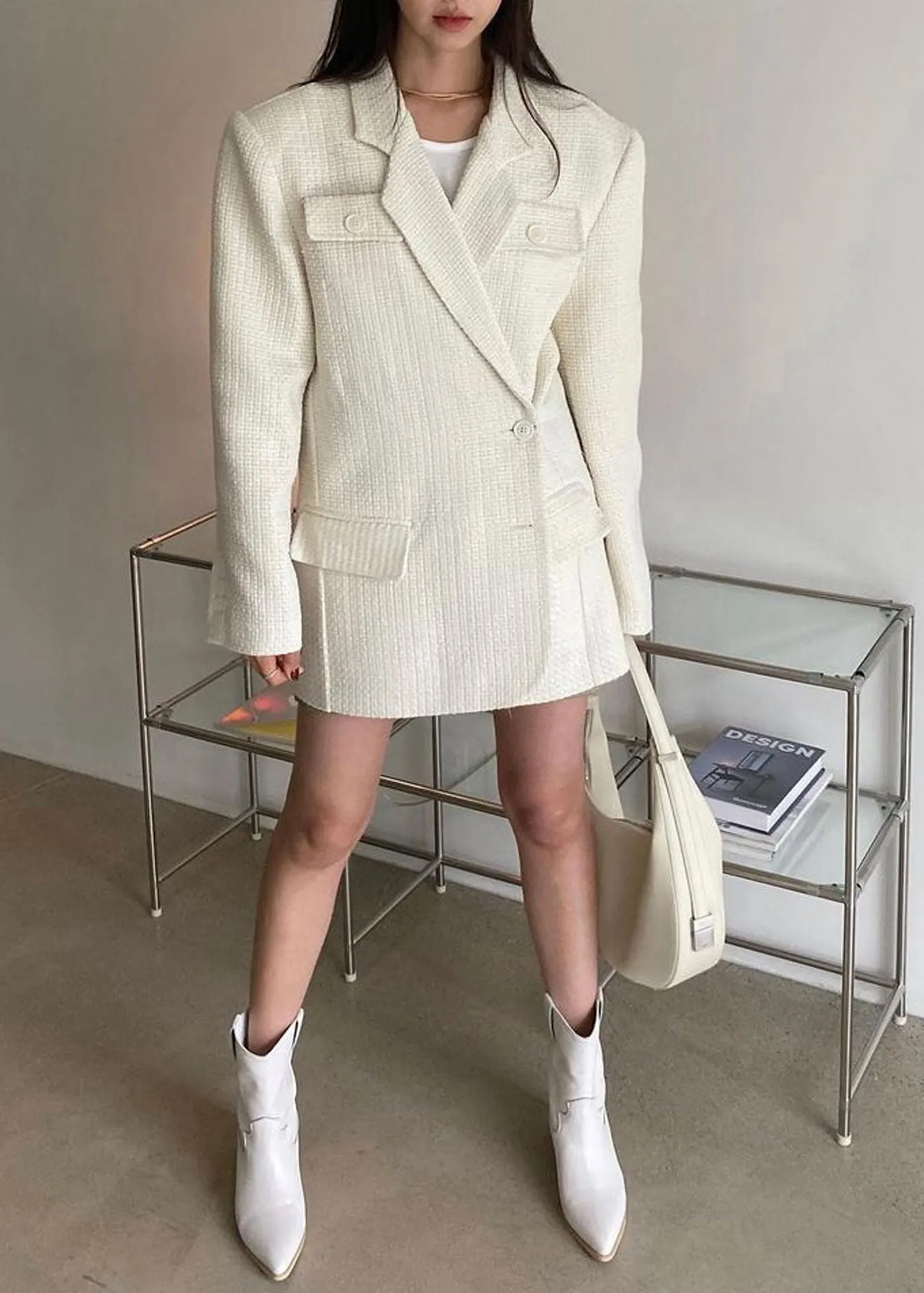 Cream Tweed Belted Blazer