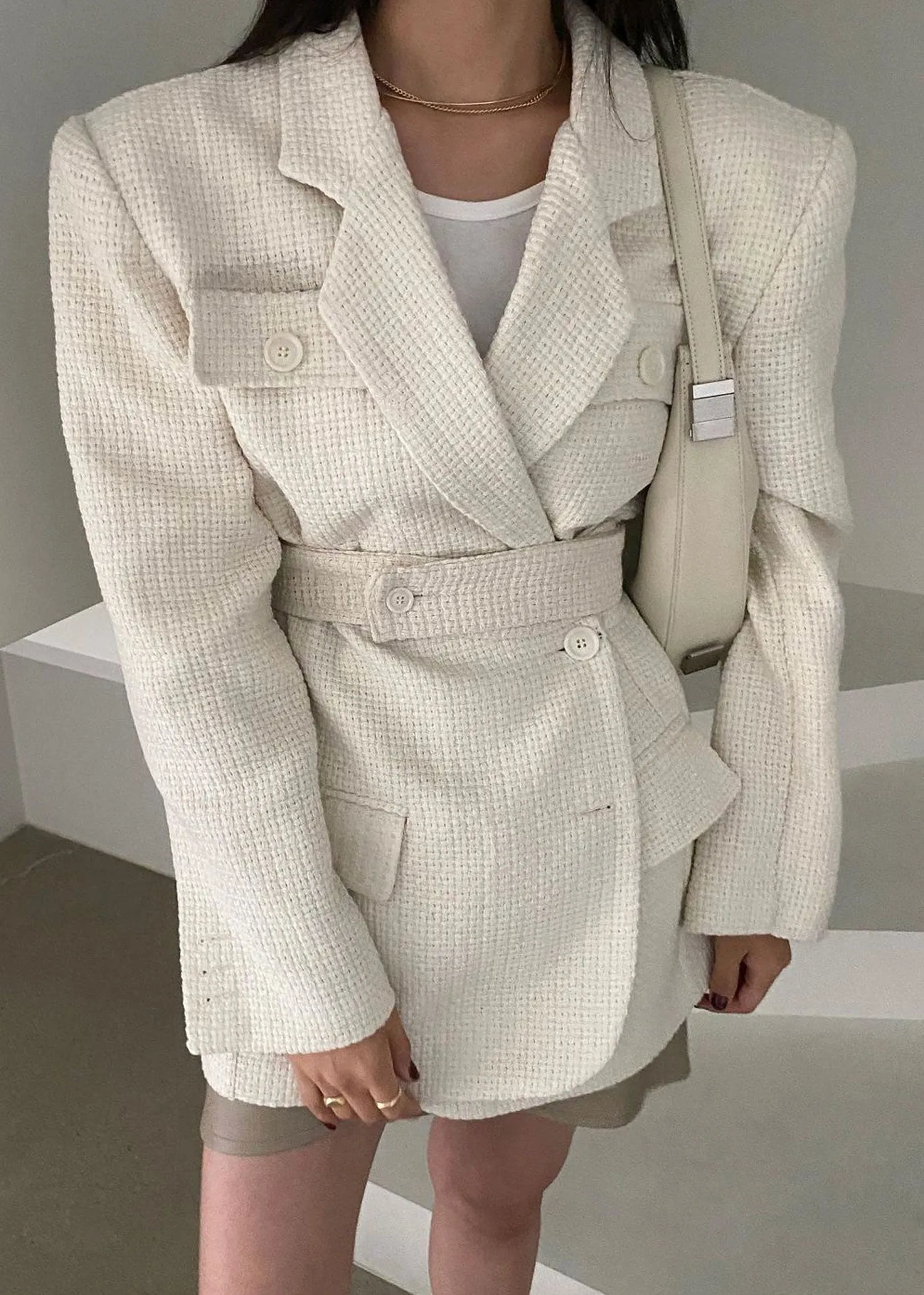 Cream Tweed Belted Blazer