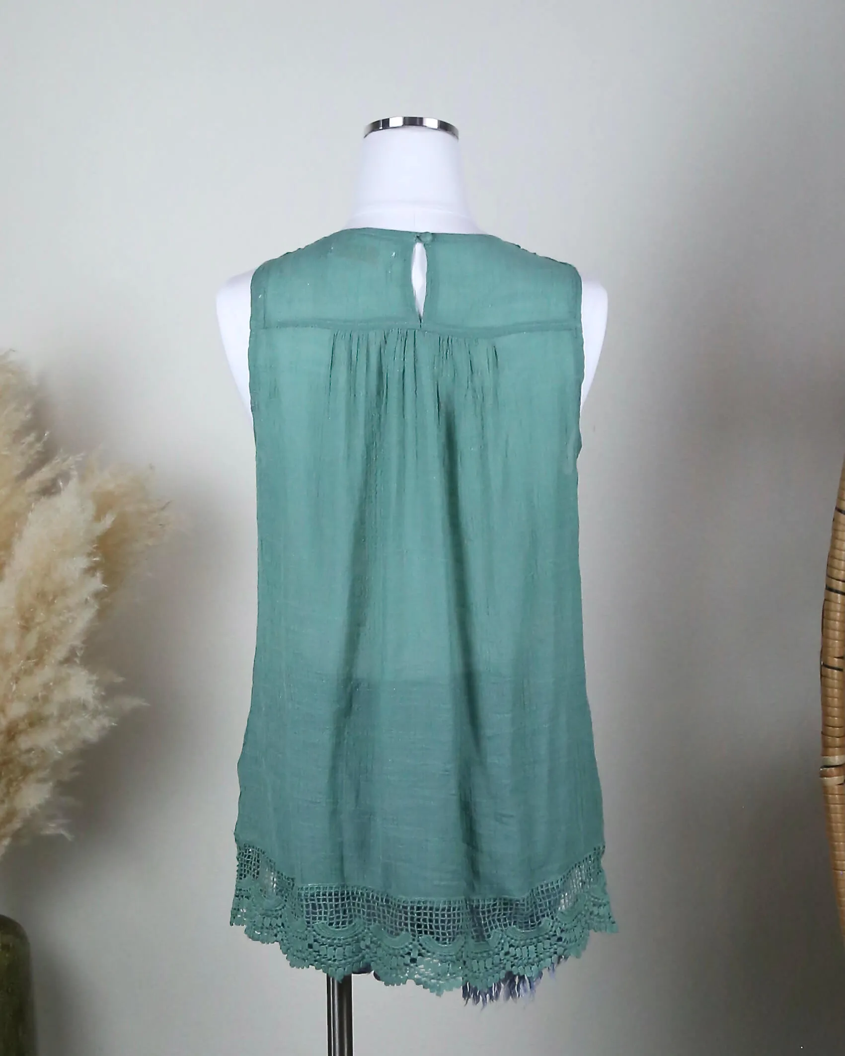 Crochet Lace Gauzy Sleeveless Tank Top in Jade