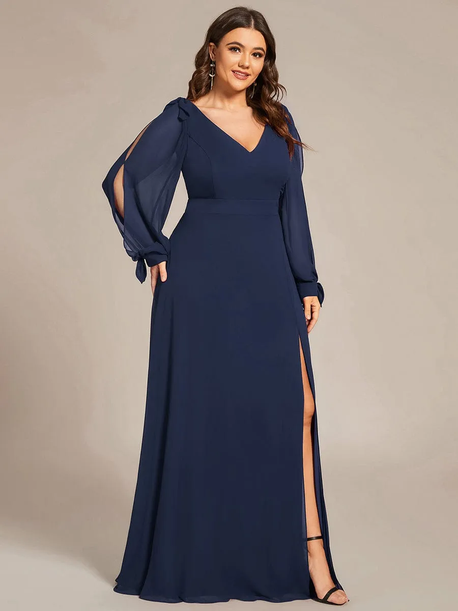 Custom Size Double V-Neck High Slit Long Sleeve Formal Dresses