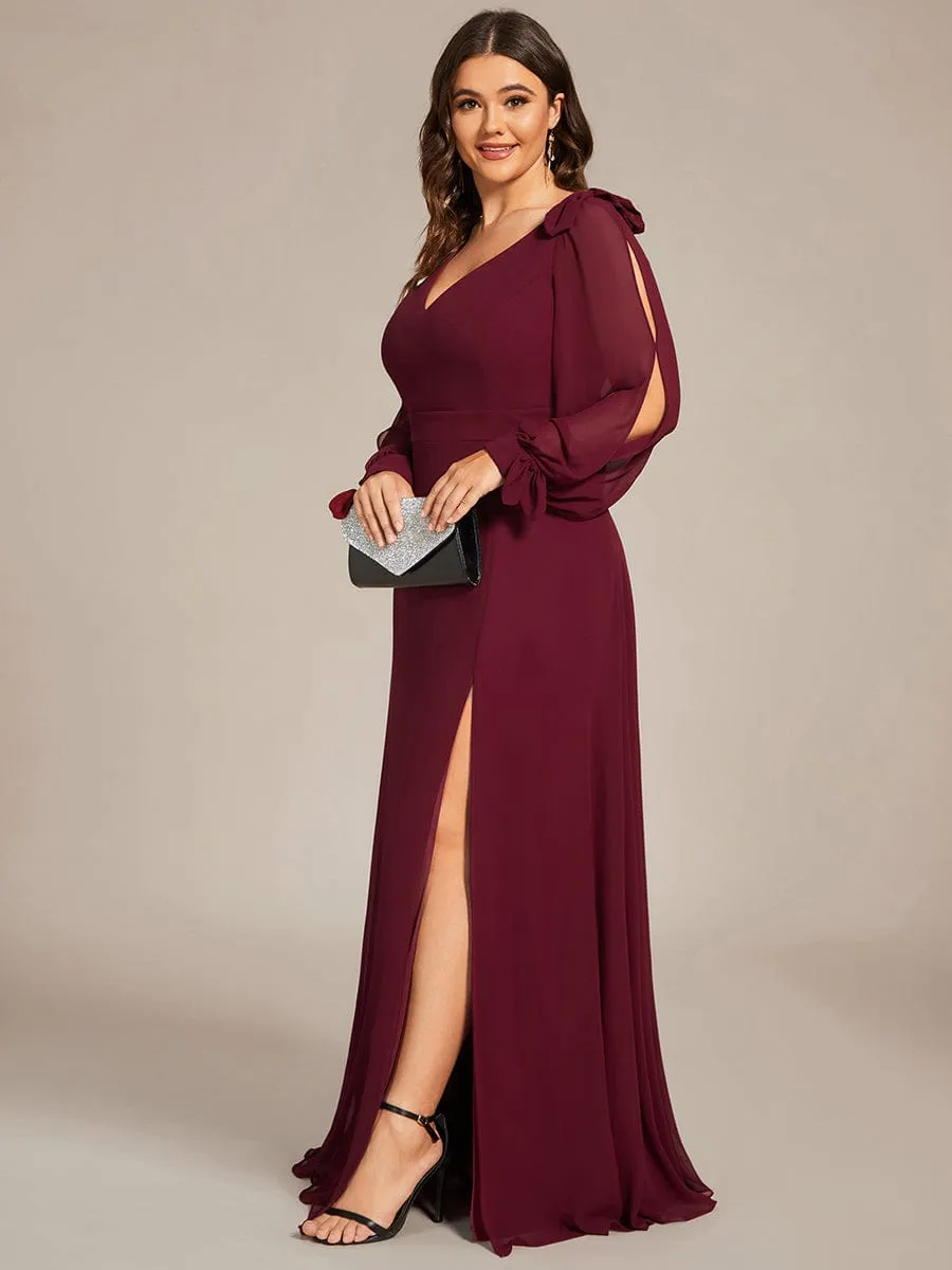 Custom Size Double V-Neck High Slit Long Sleeve Formal Dresses