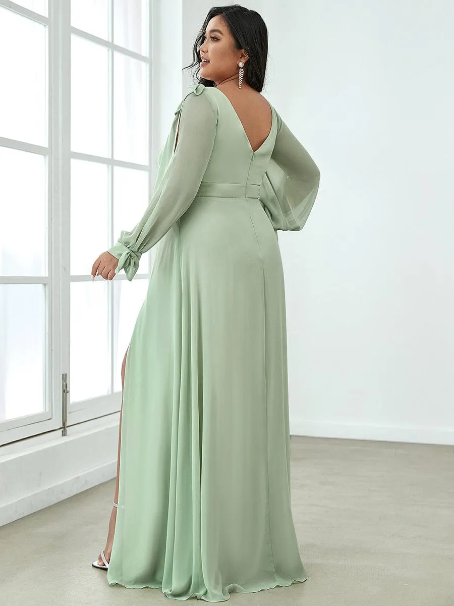 Custom Size Double V-Neck High Slit Long Sleeve Formal Dresses