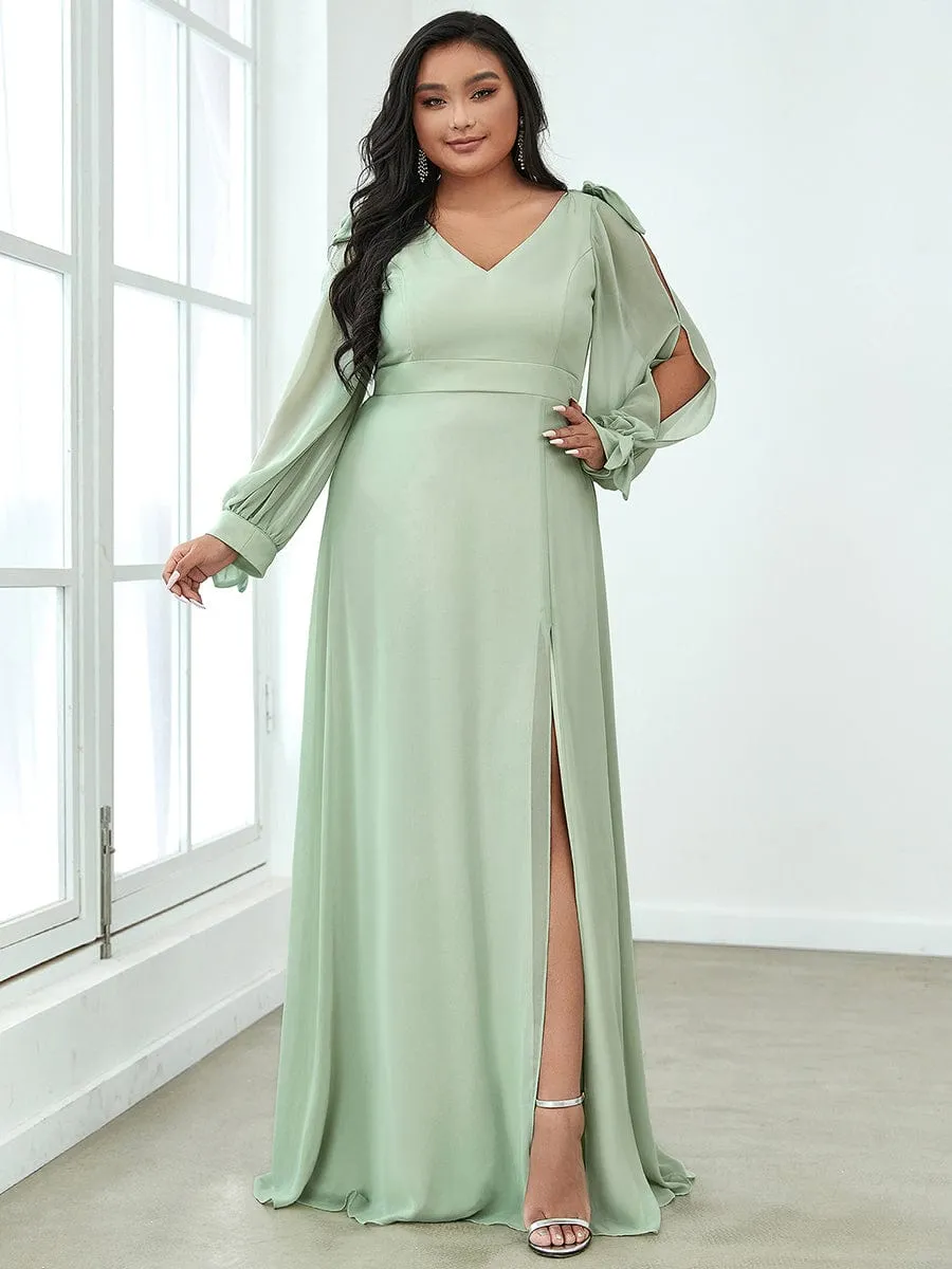 Custom Size Double V-Neck High Slit Long Sleeve Formal Dresses