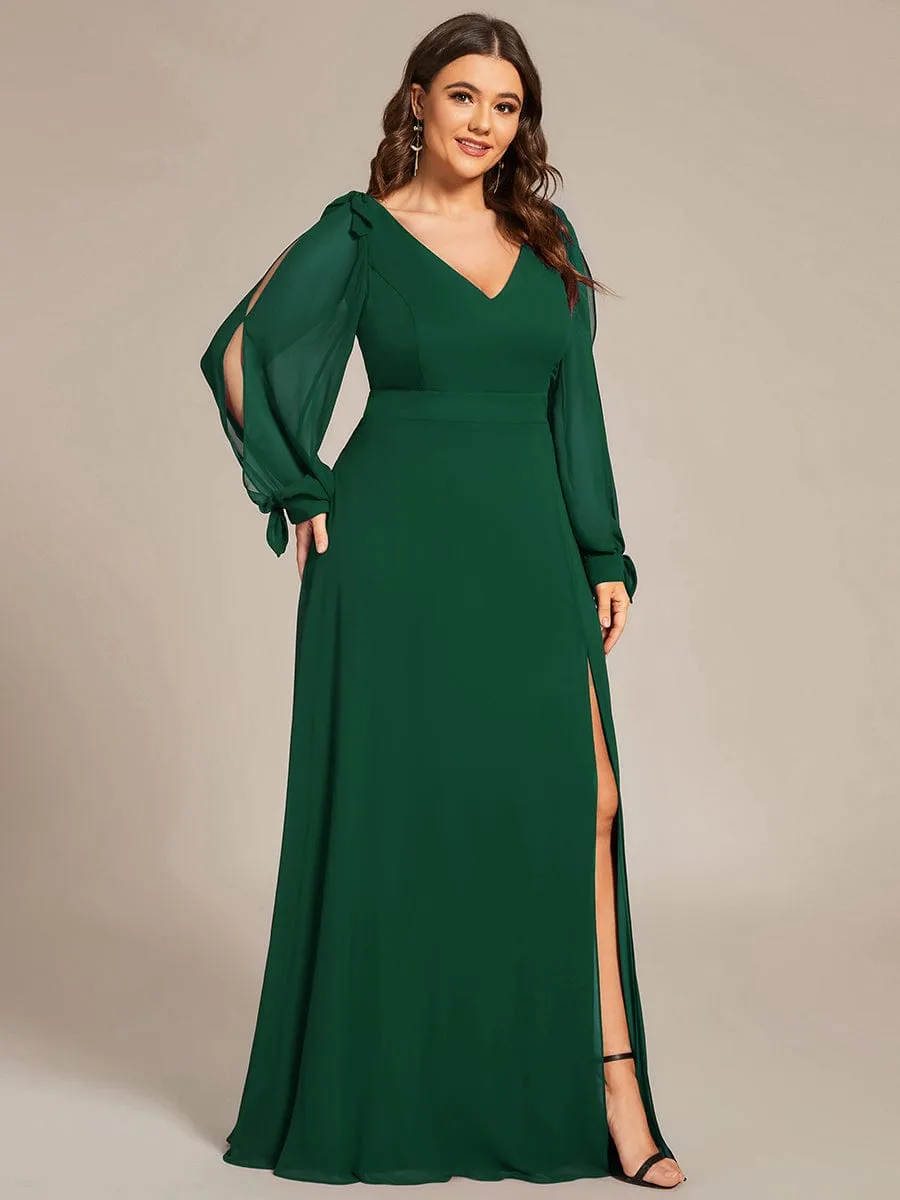 Custom Size Double V-Neck High Slit Long Sleeve Formal Dresses