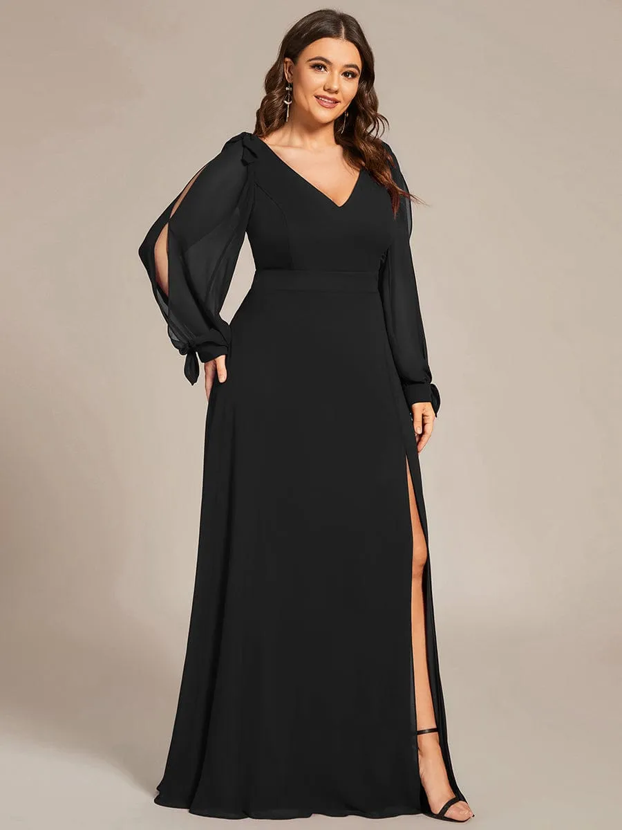 Custom Size Double V-Neck High Slit Long Sleeve Formal Dresses