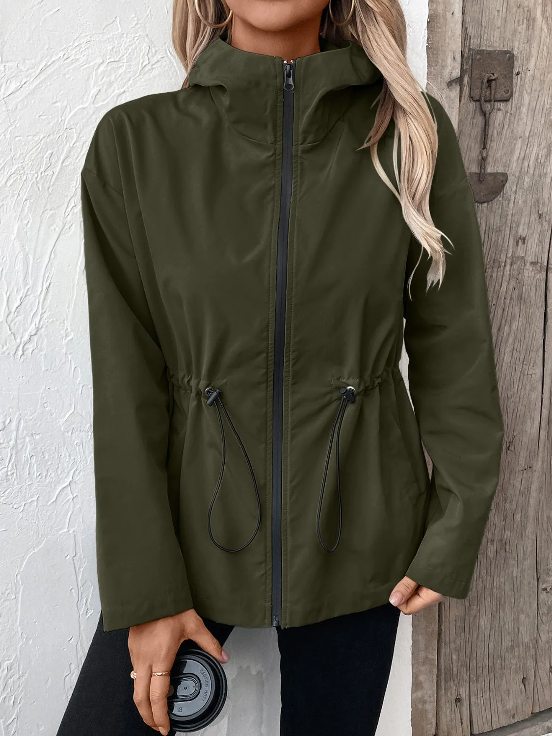 Drawstring Zip Up Hooded Jacket