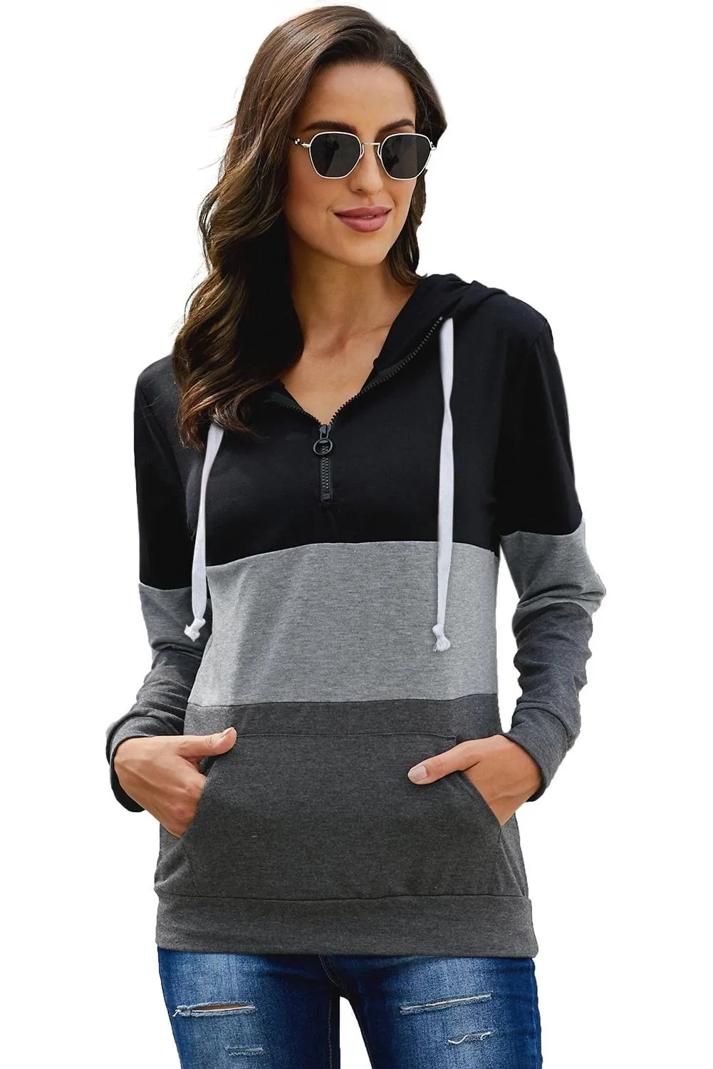 Fashion Black Color Block Zipped Neck Hoodie