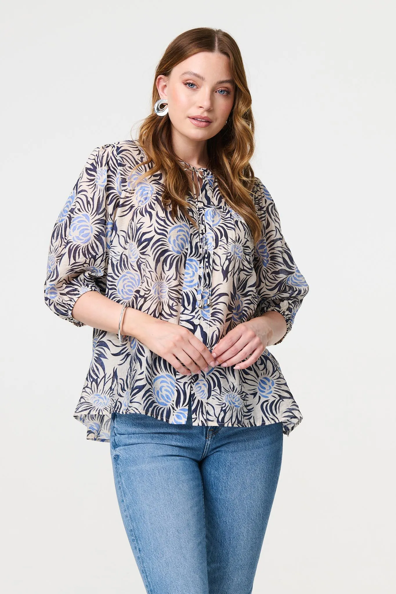 Floral 3/4 Puff Sleeve Relaxed Blouse