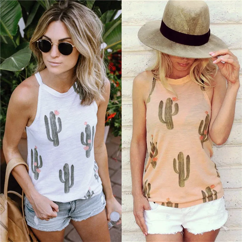 Free Ship Cactus Print High Neck Tank Tees