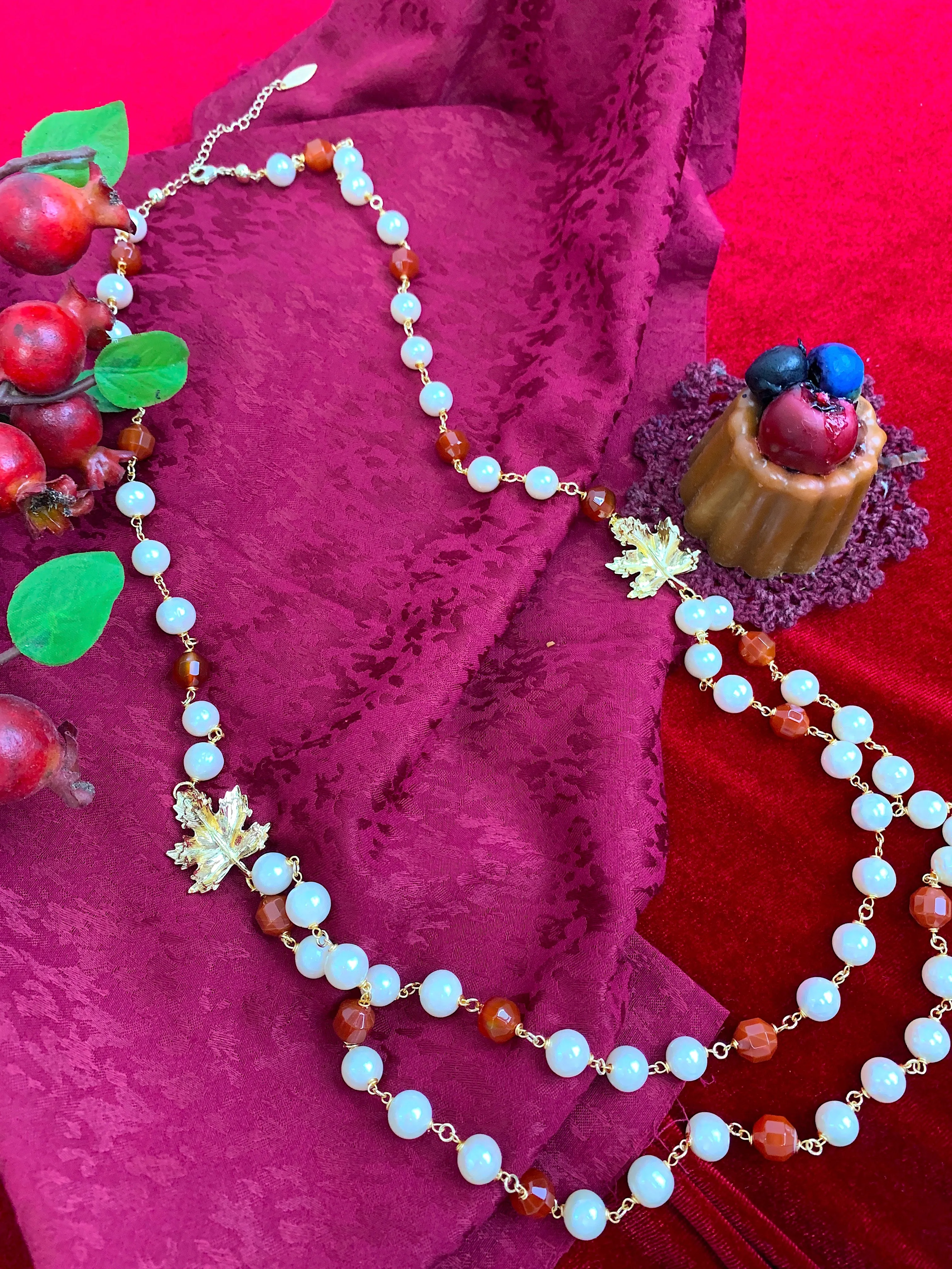 Freshwater Pearl With Red Agate And Maple Leaves Charm Long Chain Necklace HN031