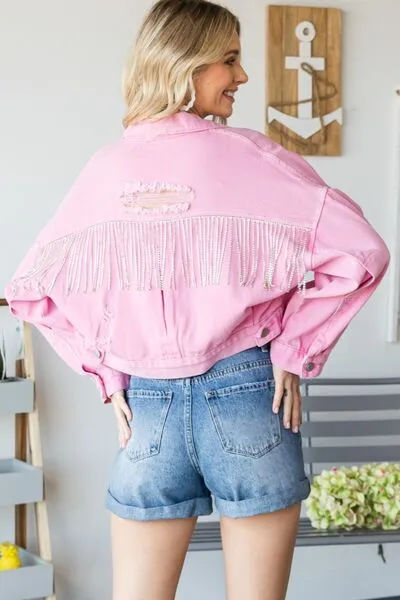 Fringe Distressed Button Up Denim Jacket in Pink