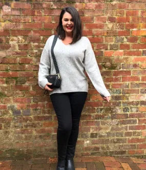 Grey Flecked Relaxed V Neck Jumper