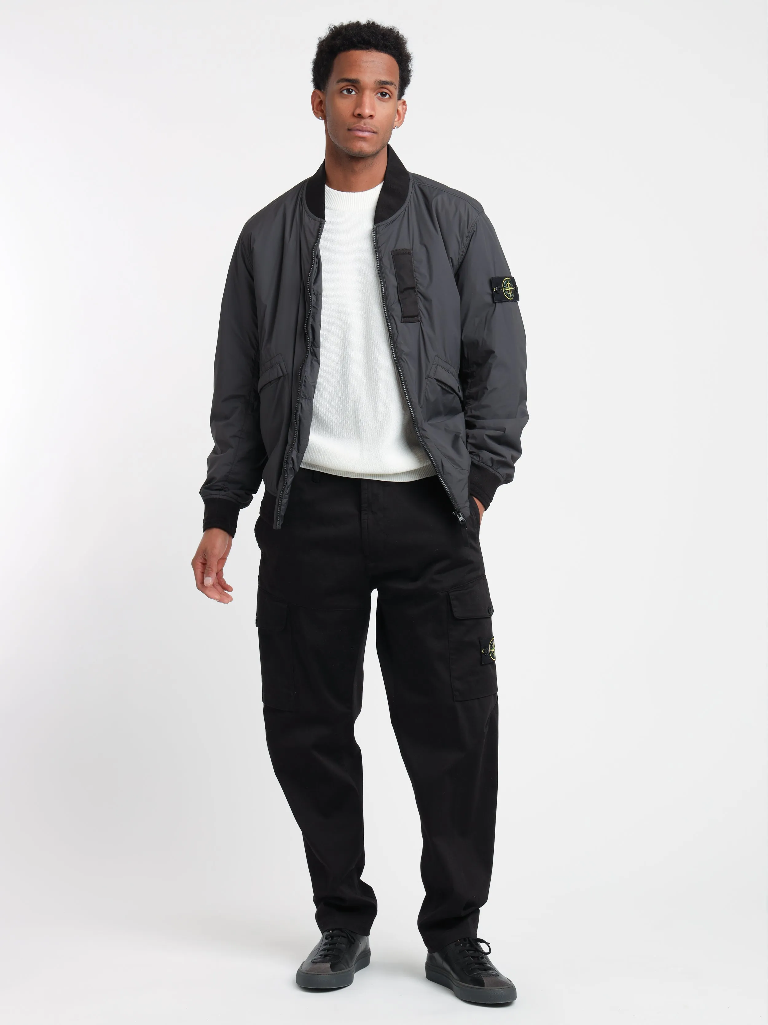 Sleek Grey Nylon-TC Bomber Jacket with Touch-Sensitive Fabric