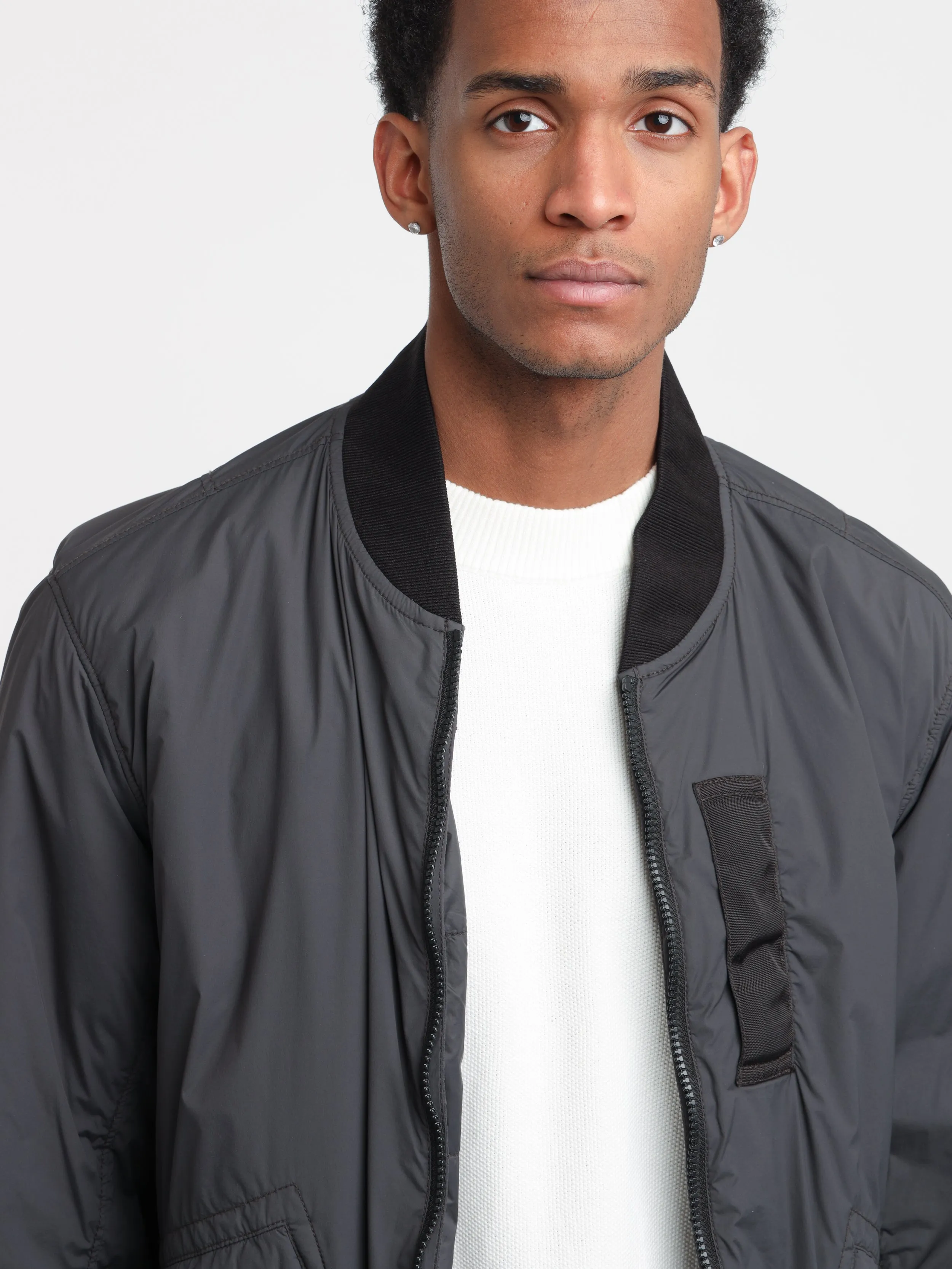 Sleek Grey Nylon-TC Bomber Jacket with Touch-Sensitive Fabric